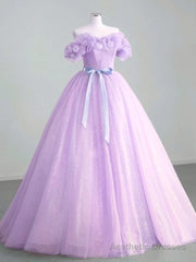 A-Line Off Shoulder Tulle Lavender Long Prom Dresses