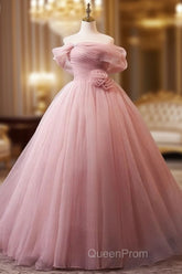 A-Line Off Shoulder Tulle Pink Long Evening Prom Dresses, Pink Long Formal Dresses