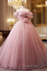 A-Line Off Shoulder Tulle Pink Long Evening Prom Dresses, Pink Long Formal Dresses