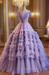 A-Line Off Shoulder Tulle Purple Long Evening Prom Dresses, Purple Long Evening Dresses
