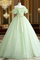 A-Line Off Shoulder Tulle Sage Green Long Evening Prom Dresses