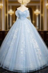 A-Line Off Shoulder Tulle Sequin Blue Long Evening Prom Dresses, Blue Sweet 16 Dresses
