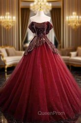 A-Line Off Shoulder Tulle Sequin Burgundy Long Evening Prom Dresses, Burgundy Evening Dresses