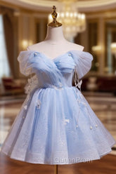 A-Line Off Shoulder Tulle Short Blue Evening Prom Dresses, Cute Blue Homecoming Dresses