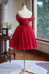 A-Line Off Shoulder V Neck Tulle Burgundy Short Evening Prom Dresses With Beads