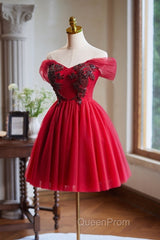 A-Line Off Shoulder V Neck Tulle Burgundy Short Evening Prom Dresses With Beads