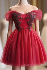 A-Line Off Shoulder V Neck Tulle Burgundy Short Evening Prom Dresses With Beads