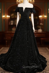 A-Line Off Shoulder Velvet Black Long Evening Prom Dresses, Black Evening Dresses