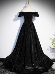 A-Line Off Shoulder Velvet Black Long Evening Prom Dresses, Black Evening Dresses