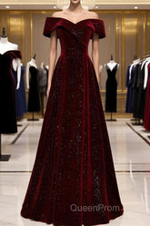 A-Line Off Shoulder Velvet Burgundy Long Evening Prom Dresses, Burgundy Long Evening Dresses