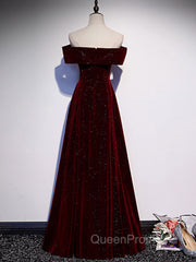 A-Line Off Shoulder Velvet Burgundy Long Evening Prom Dresses, Burgundy Long Evening Dresses
