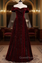 A-Line Off Shoulder Velvet Burgundy Long Evening Prom Dresses, Burgundy Long Evening Dresses