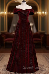 A-Line Off Shoulder Velvet Burgundy Long Evening Prom Dresses, Burgundy Long Evening Dresses