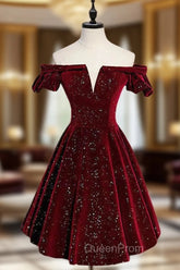 A-Line Off Shoulder Velvet Burgundy Short Evening Prom Dresses, Burgundy Homecoming Dresses