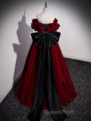 A-Line Off Shoulder Velvet Lace Burgundy Long Evening Prom Dresses, Burgundy Long Formal Dresses