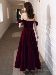 A-Line off Shoulder Velvet Tea Length Burgundy Prom Dress, Burgundy Evening Dress