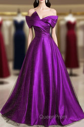A-Line Off Shouolder Black And Purple Satin Party Dresses, Long Evening Prom Dresses