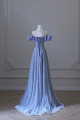 A Line Off The Shoulder Blue Long Evening Prom Dresses Evening Dresses