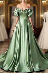 A-Line Off The Shoulder Formal Satin Long Evening Dresses Evening Prom Dresses