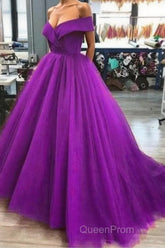 A Line Off The Shoulder Purple Tulle Evening Prom Dresses Long Evening Gown