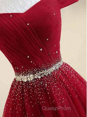 A-Line Off The Shoulder Red Tulle Evening Prom Dresses Evening Dresses With Beading,