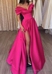 A-line Off-the-Shoulder Short Sleeve Satin Long/Floor-Length Prom Dresses With Ruffles Split