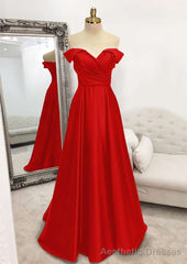 A-line Off-the-Shoulder Sleeveless Long/Floor-Length Satin Prom Dresses With Pleated