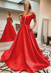 A-line Off-the-Shoulder Sleeveless Satin Sweep Train Prom Dresses With Pockets