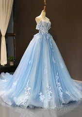 A-Line Off-The-Shoulder Sweetheart Sweep Train Tulle Evening Prom Dresses, Sky Blue Applique Wedding Dresses