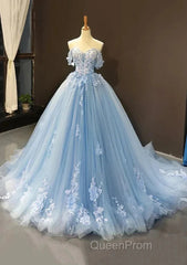 A-Line Off-The-Shoulder Sweetheart Sweep Train Tulle Evening Prom Dresses, Sky Blue Applique Wedding Dresses
