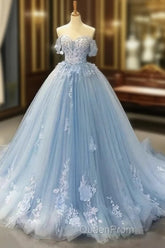 A-Line Off-The-Shoulder Sweetheart Sweep Train Tulle Evening Prom Dresses, Sky Blue Applique Wedding Dresses