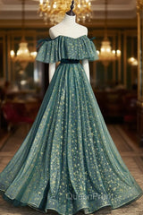 A-Line Off the Shoulder Tulle Long Evening Prom Dresses, Green Evening Party Dresses