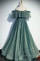 A-Line Off the Shoulder Tulle Long Evening Prom Dresses, Green Evening Party Dresses