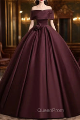 A-Line Off the Shoulders Satin Maroon Long Evening Prom Dresses, Maroon Long Evening Dresses