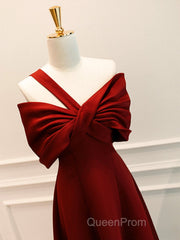 A-Line One Shoulder Satin Burgundy Long Evening Prom Dresses, Burgundy Long Formal Dresses