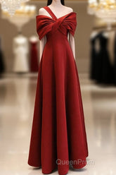 A-Line One Shoulder Satin Burgundy Long Evening Prom Dresses, Burgundy Long Formal Dresses