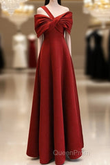 A-Line One Shoulder Satin Burgundy Long Evening Prom Dresses, Burgundy Long Formal Dresses