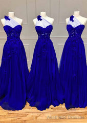 A-line One-Shoulder Sleeveless Long/Floor-Length Tulle Prom Dresses with Appliqued Split