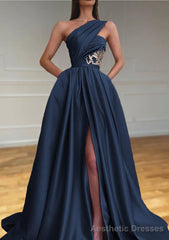 A-line One-Shoulder Sleeveless Sweep Train Satin Prom Dresses With Split Pleated