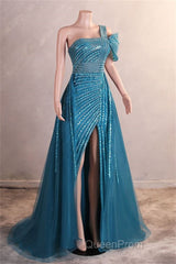 A-Line One Shoulder Tulle Beaded Long Evening Prom Dresses Elegant Evening Gown