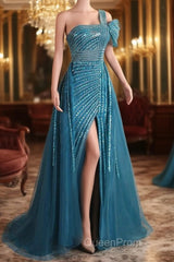 A-Line One Shoulder Tulle Beaded Long Evening Prom Dresses Elegant Evening Gown