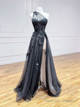 A-Line One Shoulder Tulle Black Long Prom Dress, Black Formal Evening Dress