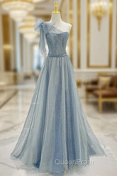 A-Line One Shoulder Tulle Sequin Gray Blue Long Evening Prom Dresses, Sequin Long Evening Dresses