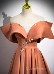 A-Line Orange Satin Beaded Sweetheart Evening Prom Dresses, Orange Long Evening Dresses