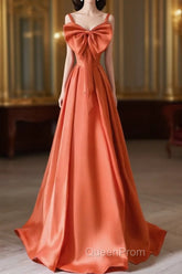 A-Line Orange Satin Long Evening Prom Dresses, Orange Long Evening Dresses