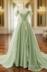 A-Line Organza Green Long Evening Prom Dresses, Green Long Graduation Dresses