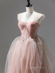 A Line Pink Corset Long Tulle Evening Prom Dresses With Ruffles