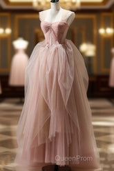 A Line Pink Corset Long Tulle Evening Prom Dresses With Ruffles