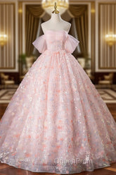 A-Line Pink Flowers Tulle Long Princess Dresses, Off the Shoulder Evening Dresses
