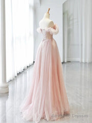 A-line Pink Off Shoulder Beaded Sweetheart Party Dress, Pink Tulle Prom Dress